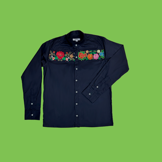 Jardin manga larga negra - camisa de caballero con bordados mexicanos