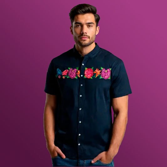 Magnolia manga corta negra - Camisa de caballero con bordados mexicanos