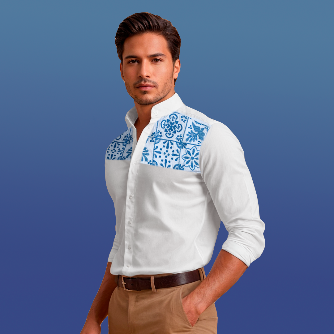 Talavera Poblana Manga Larga -Camisa de caballero  con bordado mexicano