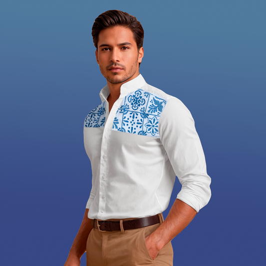 Talavera Poblana Manga Larga -Camisa de caballero  con bordado mexicano