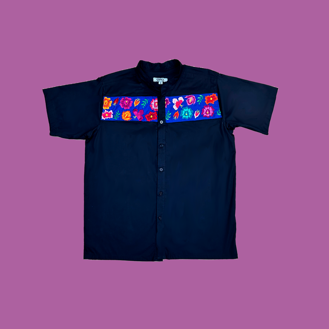 Franja azul negra - Camisa de caballero con bordado de franja azul