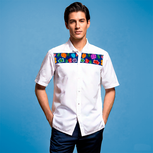 PRE-ORDEN -Franja Azul - Camisa de caballero con bordado mexicano  en color azul