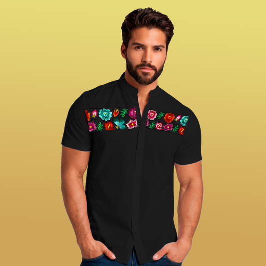 Flores manga corta - Camisa de caballero con bordados mexicanos