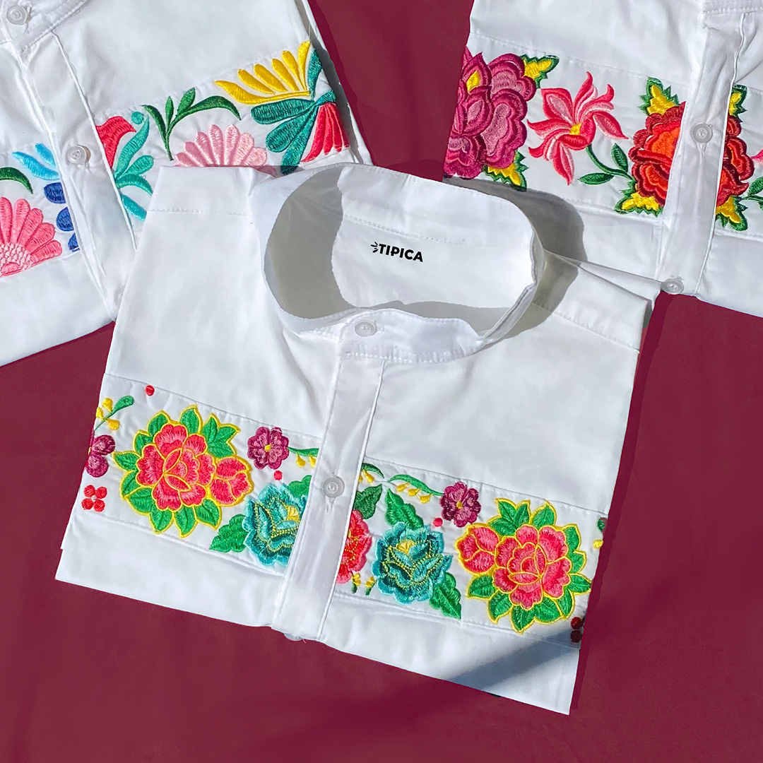 Jardin manga larga blanca - camisa de caballero con bordados mexicanos