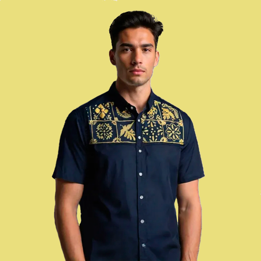 Talavera Manga Corta Negra - Camisa de caballero con bordado mexicano